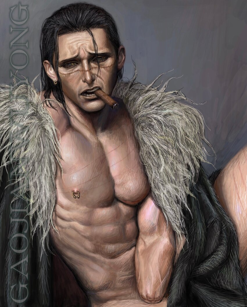 1boy abs cape chinese_commentary cigar commentary_request crocodile_(one_piece) fur-trimmed_cape fur_trim highres longwandb male_focus missing_limb muscular muscular_male naked_cape nipple_piercing nipple_rings one_piece piercing realistic scar scar_on_face scar_on_nose sitting solo