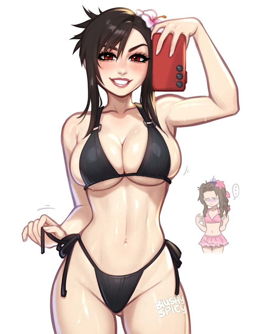 ... 2girls aerith_gainsborough aerith_gainsborough_(pink_mermaid) alternate_breast_size alternate_costume artist_name bikini black_bikini black_hair blush blushyspicy breast_conscious breast_envy breasts commentary english_commentary final_fantasy final_fantasy_vii final_fantasy_vii_rebirth final_fantasy_vii_remake flat_chest highleg highleg_bikini highres large_breasts long_hair looking_at_viewer multiple_girls navel official_alternate_hairstyle red_eyes sideboob smile speech_bubble spoken_ellipsis stomach string_bikini swimsuit tifa_lockhart underboob