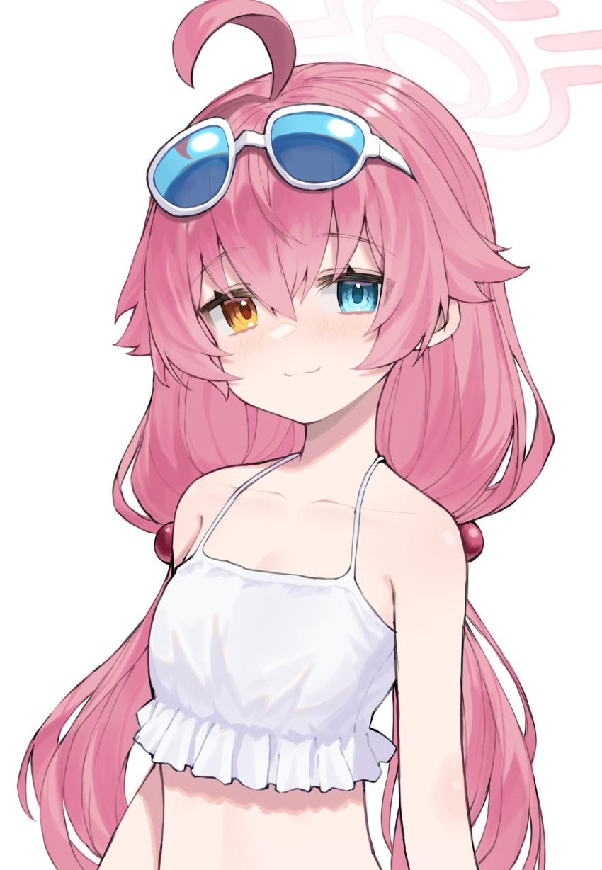 1girl :3 absurdres ahoge bare_shoulders bikini blue_archive blue_eyes closed_mouth collarbone eyewear_on_head frilled_bikini frills hair_between_eyes hair_ornament halo heterochromia highres hoshino_(blue_archive) hoshino_(swimsuit)_(blue_archive) long_hair looking_at_viewer low_twintails pink_hair scarlet23i0 simple_background solo sunglasses swimsuit twintails upper_body white_bikini yellow_eyes