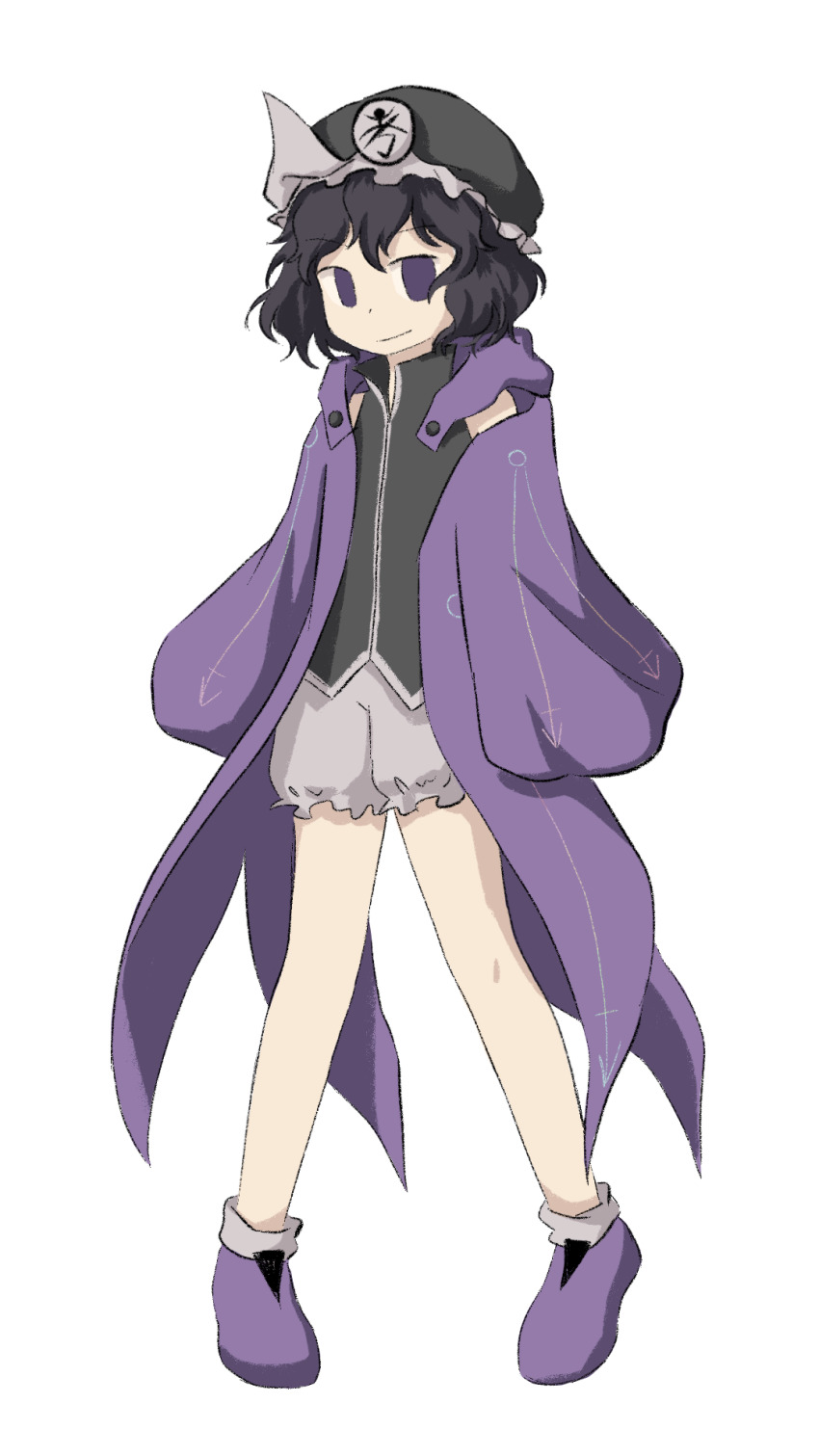 1other androgynous baila_kuangzi black_hair black_hat black_shirt chinese_commentary coat commentary_request frilled_hat frilled_shorts frills full_body hat highres len&#039;en long_sleeves open_clothes open_coat other_focus purple_coat purple_eyes purple_shoes shirt shitodo_kuroji shoes short_hair shorts simple_background sleeveless sleeveless_shirt sleeves_past_wrists socks triangular_headpiece white_background white_shorts white_socks wide_sleeves