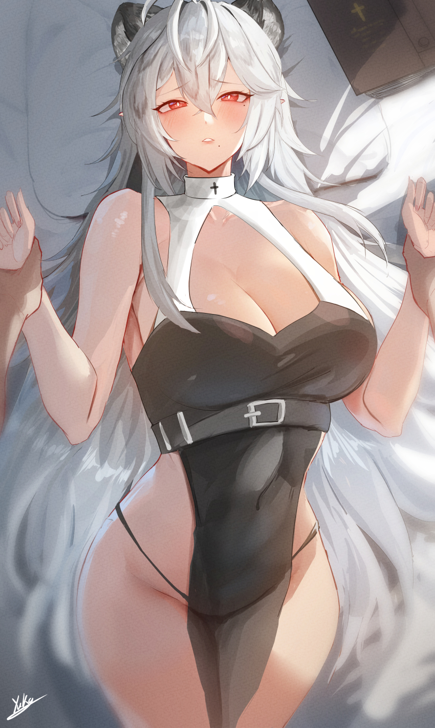 1boy 1girl absurdres animal_ears bare_shoulders belt bible_(object) black_belt black_panties book breasts cleavage commentary dark-skinned_male dark_skin grey_hair guimpe hair_between_eyes highres holding_hands indie_virtual_youtuber large_breasts light_blush long_hair lying mole mole_under_mouth no_pants nun on_back open_mouth original panties pillow pov red_eyes signature string_panties underwear virtual_youtuber wide_hips yuka_1503