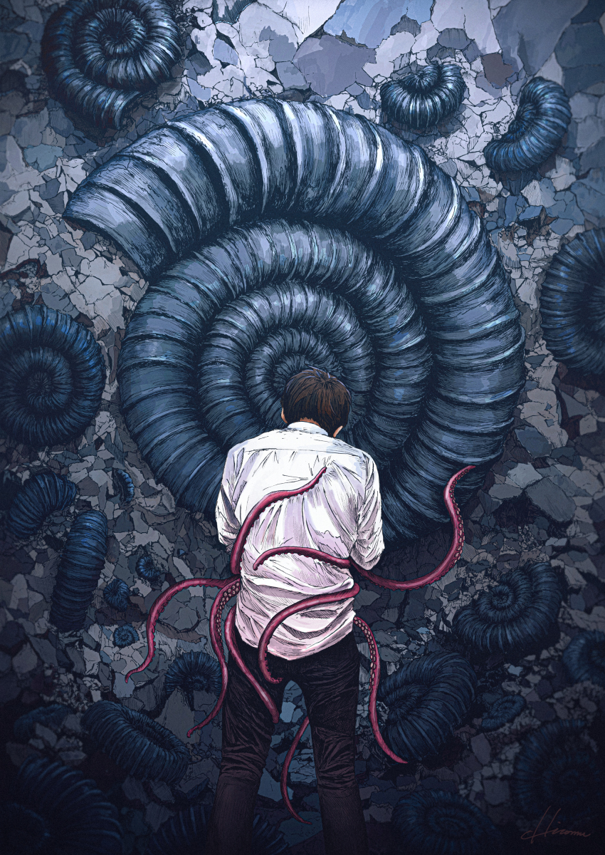 1boy absurdres ammonite black_pants brown_hair fossil from_behind highres hiromumaru male_focus original pants shell shirt signature solo tentacles white_shirt