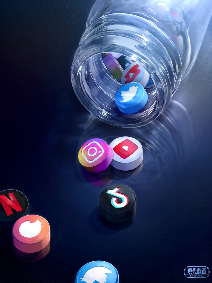 absurdres discord discord_logo highres instagram instagram_logo jar netflix no_humans original pill reflection signature still_life tiktok tiktok_logo tinder twitter twitter_logo twitter_x_logo utsusemi_rari youtube youtube_logo
