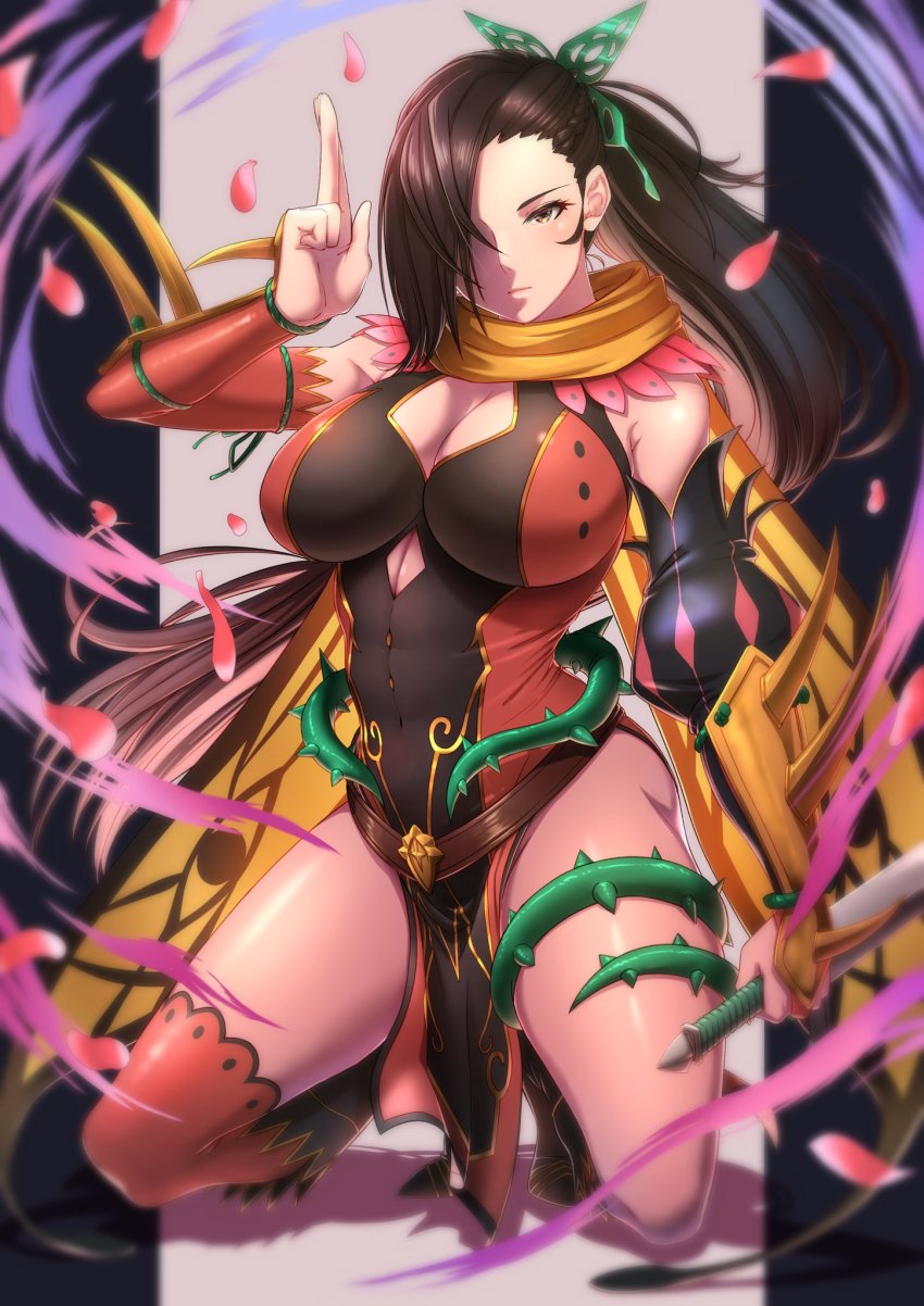 1girl aduti_momoyama belt breasts brown_hair butterfly_hair_ornament butterfly_wings cleavage cleavage_cutout clothing_cutout covered_navel detached_sleeves expressionless female_focus fire_emblem fire_emblem_fates fire_emblem_heroes hair_ornament hair_over_one_eye hand_gesture highres holding holding_weapon insect_wings kagero_(fire_emblem) kagero_(resplendent)_(fire_emblem) large_breasts long_hair ninja nintendo official_alternate_costume petals plant ponytail scarf solo thighs thorns vines weapon wings yellow_eyes