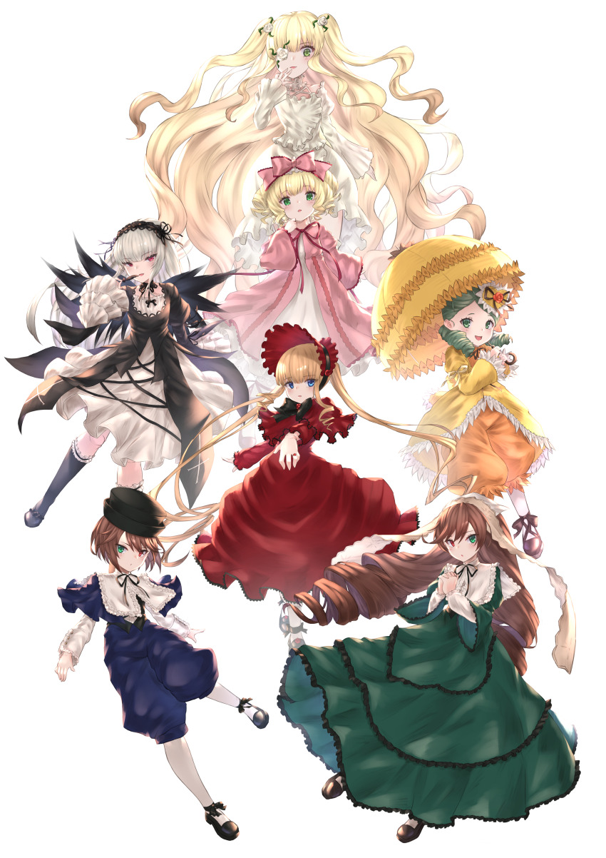 6+girls absurdres blonde_hair blue_eyes full_body green_eyes green_hair heterochromia highres hinaichigo holding holding_umbrella kanaria kirakishou looking_at_viewer majinno multiple_girls parasol red_eyes rozen_maiden shinku souseiseki suigintou suiseiseki twintails umbrella white_background