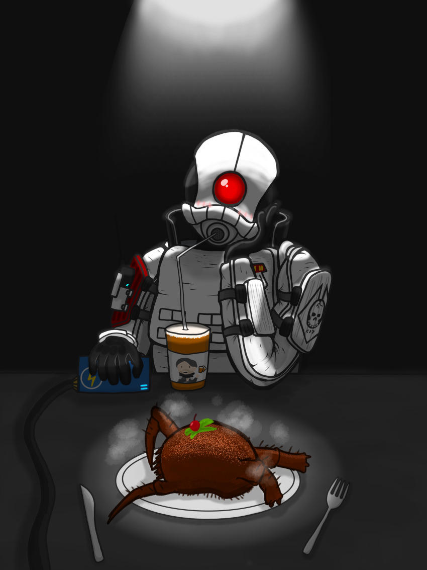 1other absurdres armor black_gloves blush breastplate chinese_commentary combine_elite commentary_request drinking_straw fork gloves half-life half-life_(series) half-life_2 hand_on_own_cheek hand_on_own_face headcrab highres looking_at_viewer miao_miao_mao_miao_miao_fr other_focus plate tea upper_body white_armor