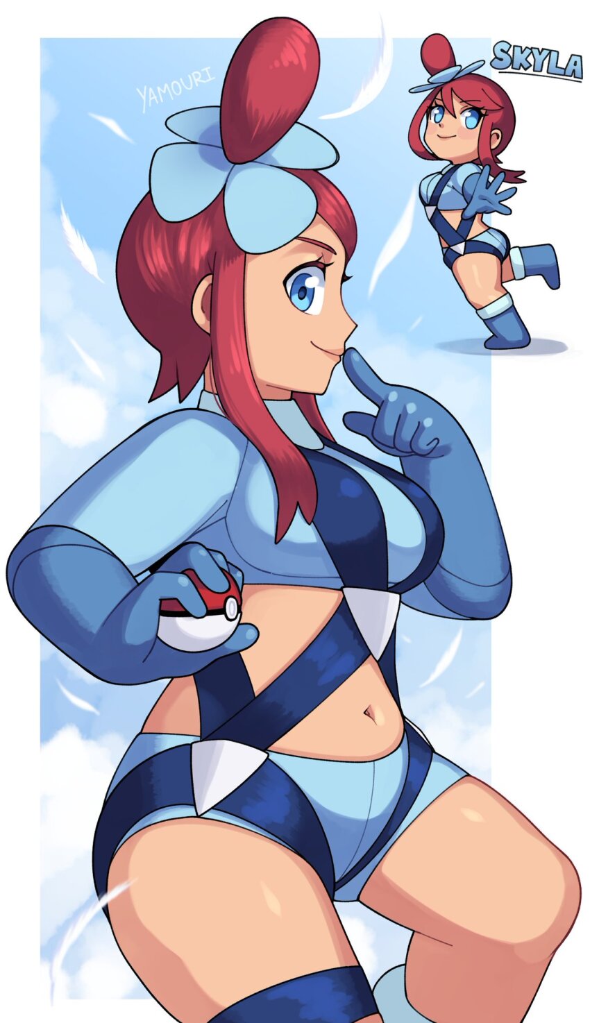 1girl blue_eyes boots breasts character_name chibi crop_top from_side gloves lips long_sleeves medium_breasts nintendo plump poke_ball pokemon pokemon_bw red_hair short_shorts shorts skyla_(pokemon) standing standing_on_one_leg yamouri
