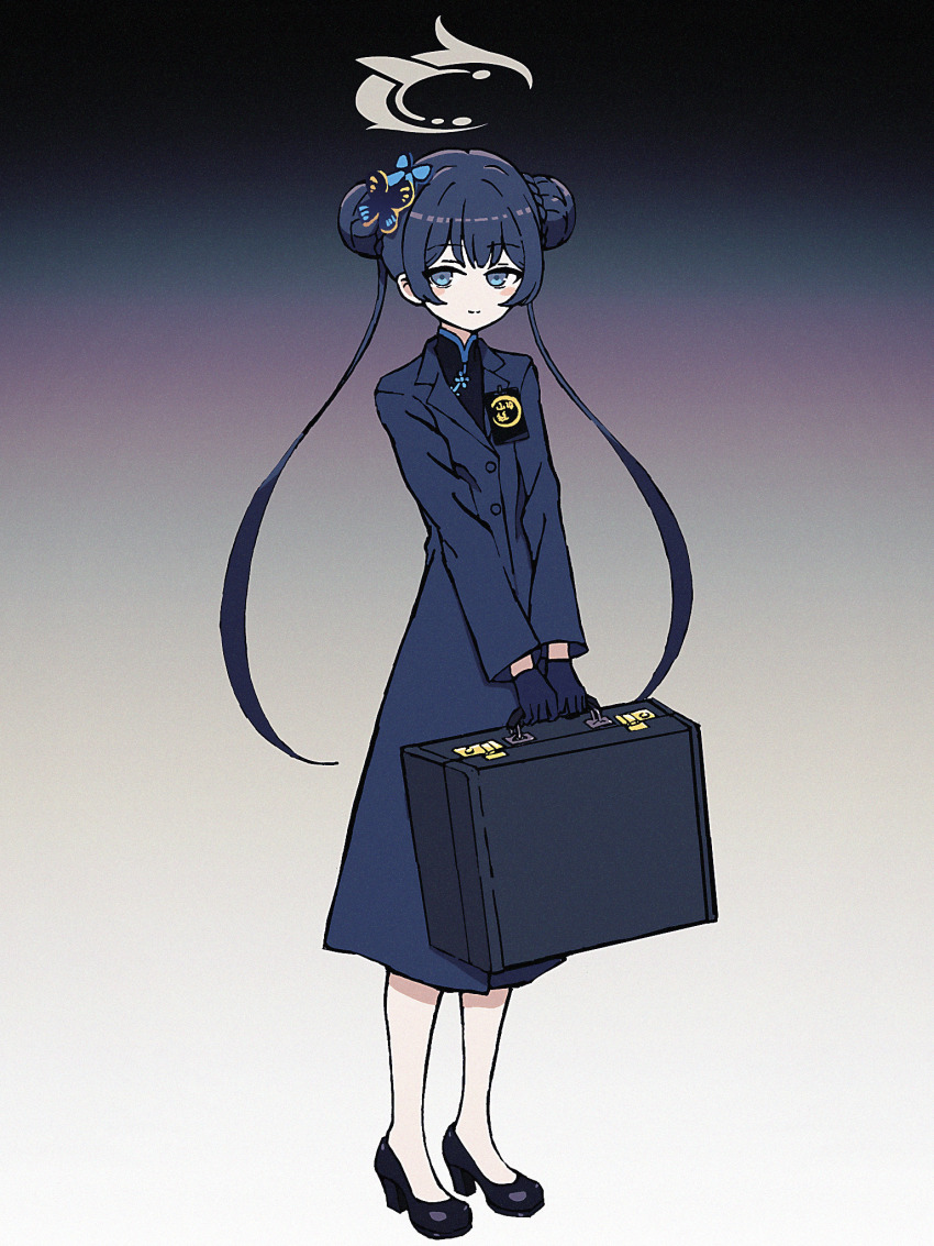 1girl black_background black_coat black_dress black_footwear black_gloves black_hair blue_archive blue_eyes blush braid braided_bun butterfly_hair_ornament china_dress chinese_clothes closed_mouth coat double_bun dress full_body gloves gradient_background hair_bun hair_ornament halo high_heels highres holding holding_suitcase id_card jacket kisaki_(blue_archive) long_coat long_hair long_sleeves looking_at_viewer nkymyura own_hands_together smile solo standing suit_jacket suitcase twintails very_long_hair white_background