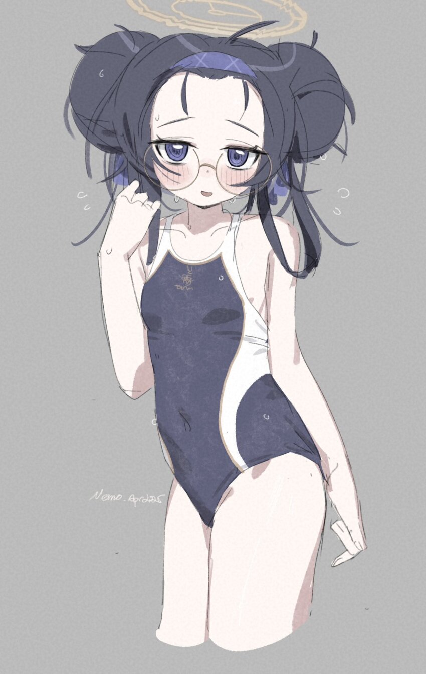 1girl alternate_hairstyle arm_at_side bangs_pinned_back bare_shoulders black_hair blue_archive blush breasts covered_navel cropped_legs dated double_bun flying_sweatdrops glasses grey_background hair_bun hairband halo hand_up highres nemo_(leafnight) open_mouth raised_eyebrows round_eyewear school_swimsuit short_hair signature simple_background small_breasts smile solo swimsuit ui_(blue_archive) wet