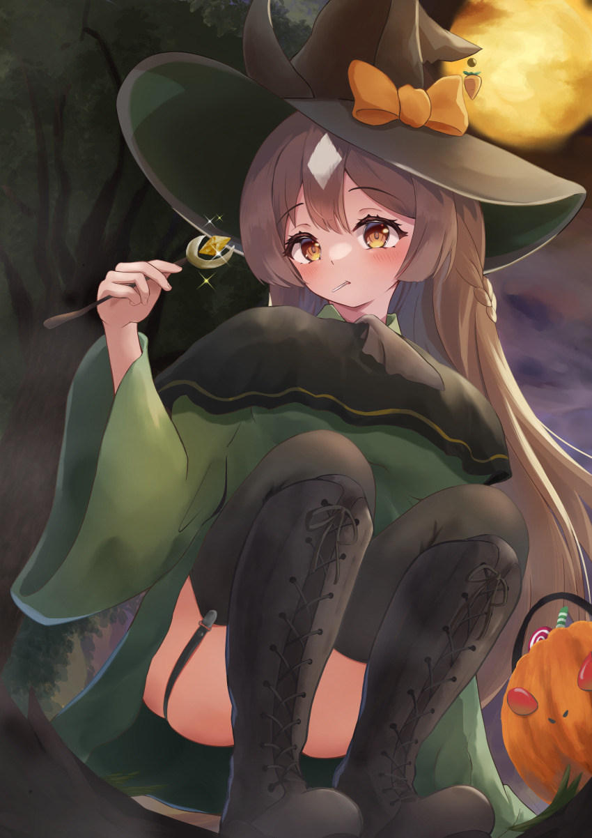 1girl absurdres alternate_costume animal_ears ascot black_ascot black_boots black_garter_straps black_hat black_thighhighs blonde_hair blush boots bow braid brown_hair bucket candy commentary_request dress ear_bow food full_body full_moon garter_straps green_dress hair_between_eyes half_up_braid hat highres holding horse_ears horse_girl lace-up_boots long_hair looking_at_viewer moon mouth_hold multicolored_hair night orange_bow outdoors p1_fcoyaa satono_diamond_(umamusume) squatting streaked_hair thighhighs umamusume very_long_hair white_hair witch_hat