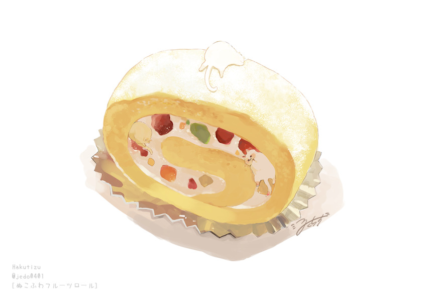 cake cat food food_focus fruit hakuchizu no_humans original simple_background swiss_roll undersized_animal white_background