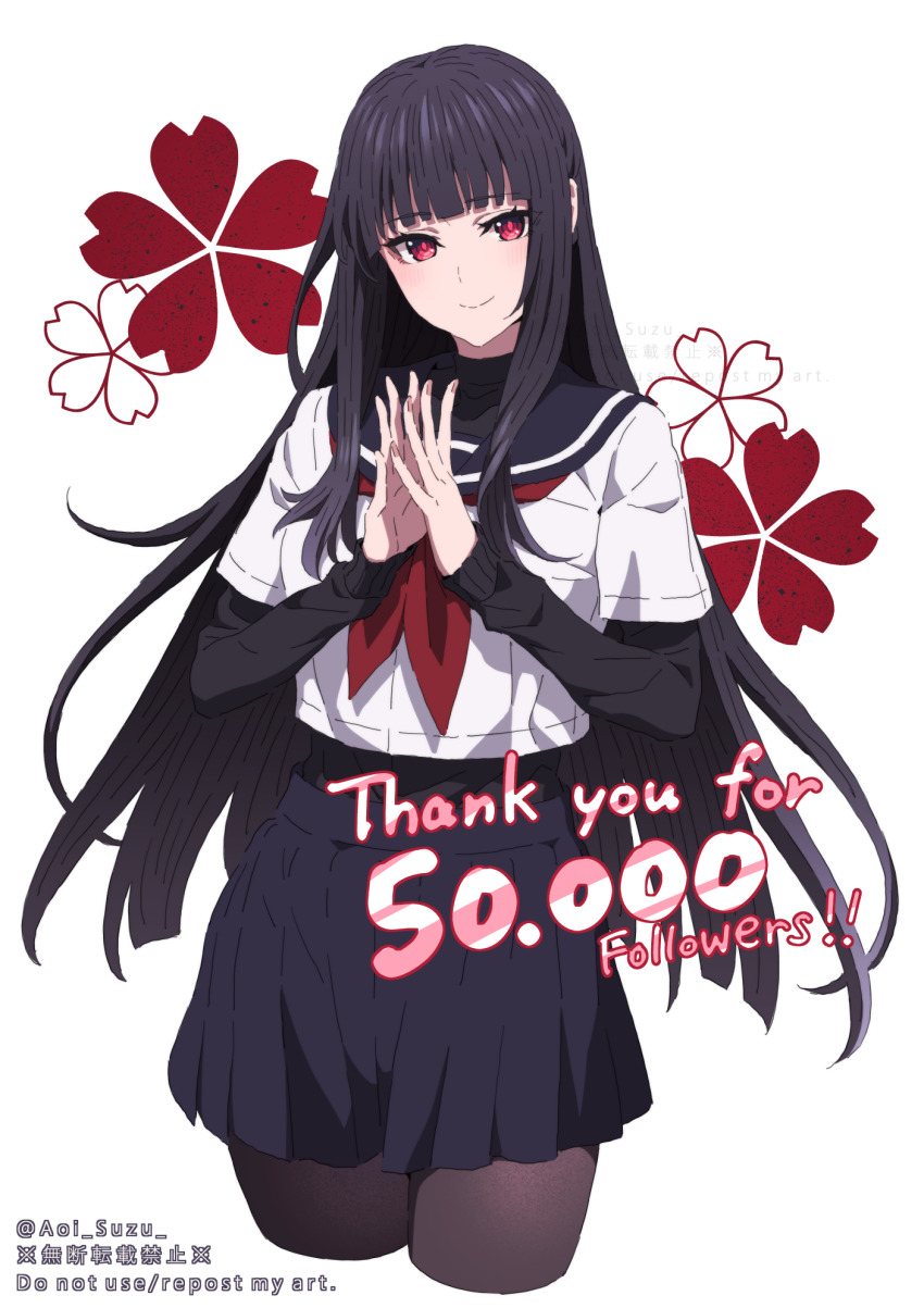 1girl aoi_suzu black_hair black_pantyhose black_sailor_collar black_skirt blunt_bangs closed_mouth english_text floral_background fuyuka_(aoi_suzu) hands_up highres layered_sleeves long_hair long_sleeves looking_at_viewer neckerchief original pantyhose red_eyes red_neckerchief sailor_collar school_uniform serafuku shirt short_sleeves simple_background skirt smile solo thank_you white_background white_shirt
