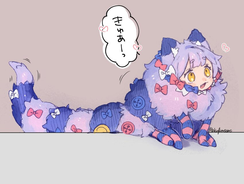 1girl akubimtcat animal_ears bow buttons cat_ears cat_girl cat_tail commentary grey_background highres human_head looking_at_viewer monster_girl open_mouth original purple_hair simple_background solo speech_bubble tail translation_request yellow_eyes