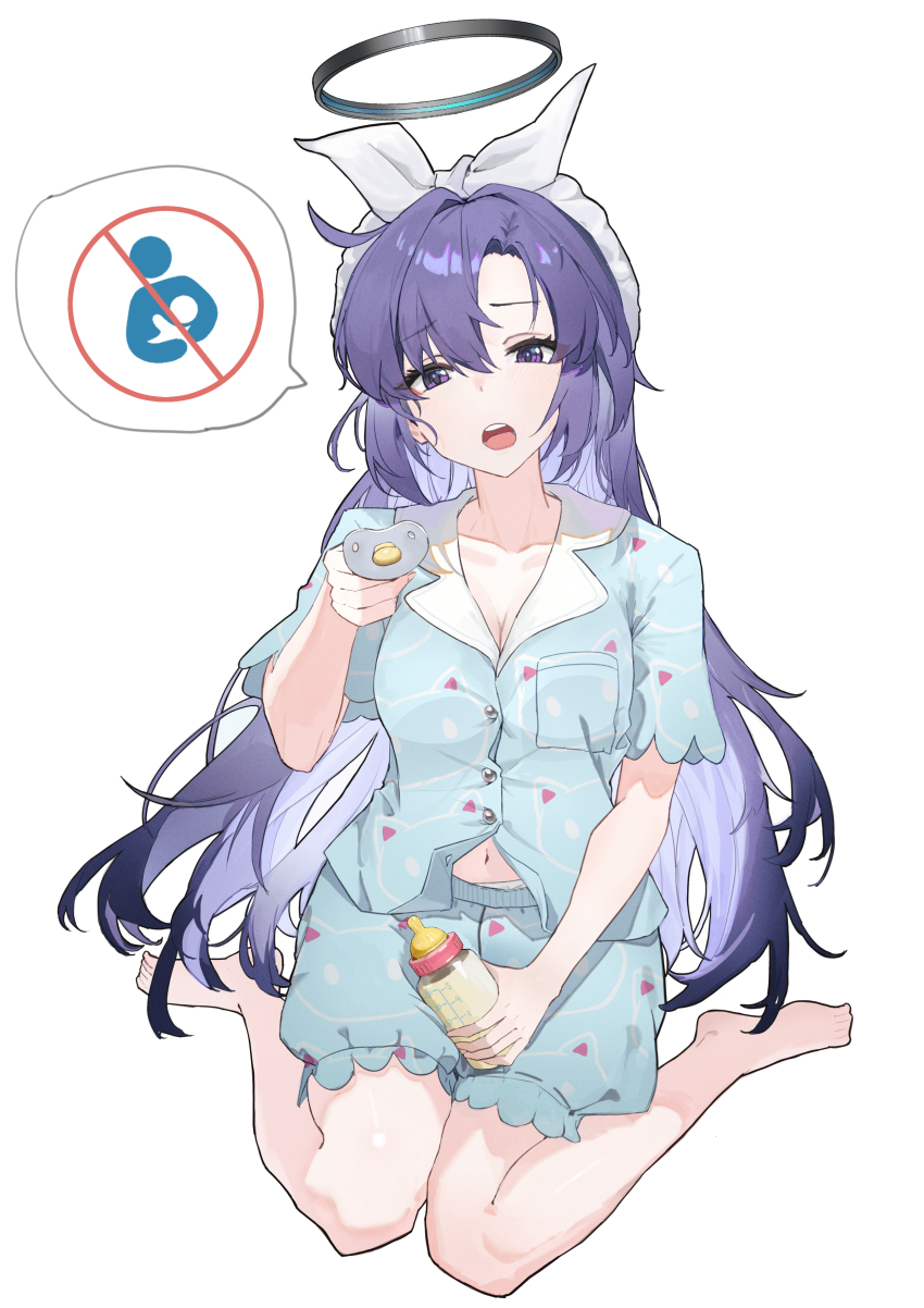 1girl absurdres animal_print baby_bottle barefoot blue_archive blue_hair blue_shirt blue_shorts blush bottle bow_hairband breast_pocket breasts cat_print cleavage commentary_request embarrassed full_body hairband highres holding holding_bottle holding_pacifier long_hair looking_at_viewer medium_breasts messy_hair official_alternate_costume official_alternate_hairstyle open_mouth pacifier pajamas pocket purple_eyes qiao_yucheng shirt short_sleeves shorts simple_background sitting solo spoken_symbol swept_bangs teeth upper_teeth_only wariza white_background white_hairband yuuka_(blue_archive) yuuka_(pajamas)_(blue_archive)