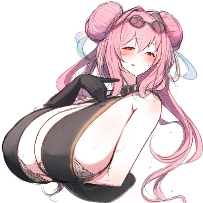 1girl absurdres arm_under_breasts azur_lane bare_shoulders black_dress black_gloves blush bra bra_peek breasts bremerton_(azur_lane) bremerton_(kung_fu_cruiser)_(azur_lane) brown_bra china_dress chinese_clothes cleavage commentary_request cropped_torso double_bun dress eyewear_on_head gloves grey_hair hair_between_eyes hair_bun hair_intakes hair_ornament half-closed_eyes highres huge_breasts large_breasts long_hair looking_at_viewer mole mole_on_breast mole_under_eye multicolored_hair official_alternate_costume partial_commentary pink_eyes pink_hair rikuguma round_eyewear sidelocks simple_background sketch sleeveless sleeveless_dress smile solo strapless strapless_bra streaked_hair tinted_eyewear tongue tongue_out two-tone_hair underwear white_background