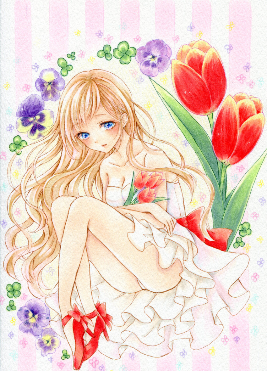 1girl absurdres amu_(m_aa) blonde_hair blue_eyes bouquet bow breasts cleavage clover collarbone commentary_request dress flower high_heels highres holding holding_bouquet invisible_chair long_hair original painting_(medium) panties pantyshot purple_flower red_bow red_flower red_shoes red_tulip shoes sitting small_breasts smile solo strapless strapless_dress striped_background traditional_media tulip underwear very_long_hair watercolor_(medium) wavy_hair white_dress white_panties
