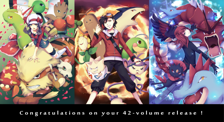 00s 1girl 2boys aipom arcanine bag black_hair newsboy_cap congratulations cubone cue_stick english_text ethan_(pokemon) feraligatr fire gen_1_pokemon gen_2_pokemon gen_4_pokemon gloves goggles goggles_on_head grin gyarados hat hat_ribbon highres hitmonchan honchkrow kingdra kris_(pokemon) long_hair looking_at_viewer meganium multiple_boys nintendo overalls parasect petals pokedex pokemon pokemon_adventures politoed red_hair ribbon short_hair silver_(pokemon) smile starter_pokemon_trio sudowoodo sunflora togepi twintails typhlosion water weavile xatu z-epto_(chat-noir86)