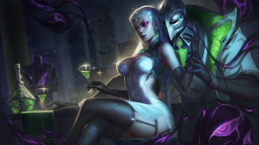 1boy 1girl absurdres alternate_hairstyle artist_name black_gloves black_thighhighs braid breasts cityscape cleavage closed_mouth cocktail_glass crossed_legs cup debonair_zed dress drink drinking_glass earrings elbow_gloves eyelashes eyeshadow gem glass gloves glowing glowing_eyes green_gemstone green_necktie hair_ornament hand_on_table highres holding_another&#039;s_arm indoors jacket jewelry large_breasts league_of_legends light light_particles long_hair looking_at_another makeup mask necktie open_clothes open_jacket piscina purple_eyes purple_eyeshadow purple_lips shadow shirt short_dress side_braid sitting sleeveless sleeveless_dress sparkle strap syndra table thigh_strap thighhighs thighs white_dress white_hair white_jacket white_shirt window zed_(league_of_legends)