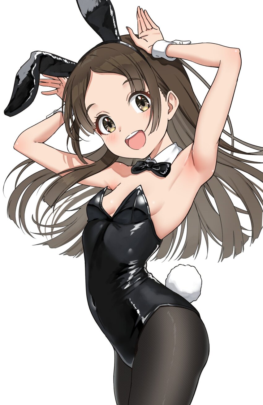 1girl animal_ear_hairband animal_ears armpits black_bow black_bowtie black_leotard black_pantyhose bow bowtie breasts brown_eyes brown_hair cowboy_shot detached_collar fake_animal_ears gakuen_idolmaster hairband highres idolmaster kuramoto_china leotard long_hair looking_at_viewer open_mouth osoba_susurukun pantyhose parted_bangs playboy_bunny rabbit_ears rabbit_pose rabbit_tail round_teeth simple_background small_breasts smile solo strapless strapless_leotard tail teeth upper_teeth_only white_background wrist_cuffs