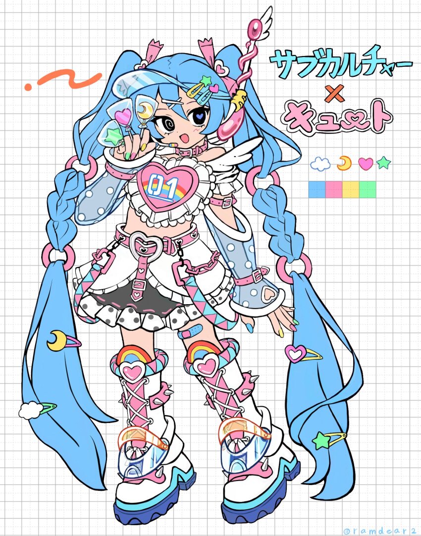 1girl black_eyes blue_hair boots candy commentary cute_x_subculture_hatsune_miku_design_contest cyber_fashion decora fashion food hair_extensions hatsune_miku headset highres holding holding_candy holding_food holding_lollipop lollipop long_hair midriff_peek radio_antenna rainbow ramudia_(lamyun) raver ring_hair_extensions see-through_clothes see-through_sleeves skirt solo symbol-only_commentary very_long_hair visor_cap vocaloid wallet_chain white_boots white_skirt