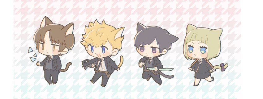 1girl 3boys animal_ears black_jacket black_necktie black_pants black_skirt blonde_hair blue_eyes blunt_bangs blush bob_cut bow brown_eyes brown_hair cat_boy cat_ears cat_girl cat_tail chibi collared_shirt dress_shirt extra_ears formal_clothes frown full_body gun hand_in_pocket hiyami_aki holding holding_gun holding_sword holding_weapon inukai_sumiharu jacket kuzumiya_yuyu long_sleeves looking_at_viewer miniskirt multiple_boys necktie ninomiya_masataka outstretched_hand pants pencil_skirt purple_bow purple_eyes running shirt short_hair skirt skirt_set standing suit sword tail tail_bow tail_ornament triangle tsuji_shinnosuke uniform weapon white_shirt world_trigger