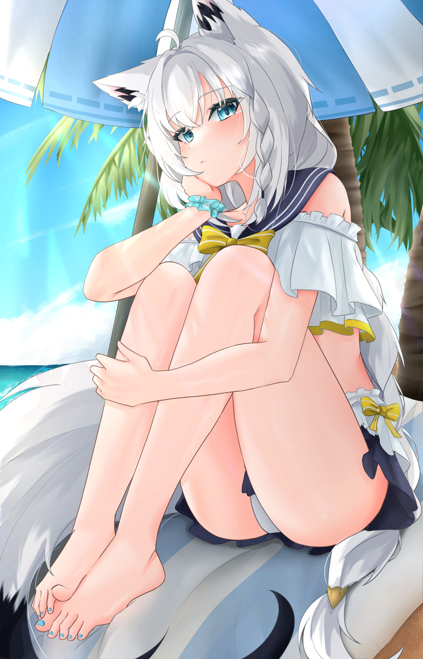 1girl absurdres animal_ears bare_shoulders barefoot beach_umbrella bikini blue_eyes blue_nails blue_sailor_collar blush braid feet fox_ears fox_girl fox_tail frilled_bikini frills highres hololive knees_up looking_at_viewer nail_polish outdoors sailor_collar scrunchie shirakami_fubuki solo st-147 swimsuit tail umbrella white_bikini white_hair wrist_scrunchie