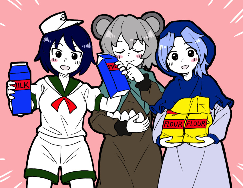 3girls anchor_symbol animal_ears black_eyes blue_hood blush brown_dress bseibutsu capelet closed_eyes closed_mouth colored_skin commentary_request cookie_(touhou) cowboy_shot dress egg flour flour_(cookie) green_capelet grey_dress grey_hair hat holding holding_egg holding_milk_carton hood hood_up kumoi_ichirin long_sleeves looking_at_viewer milk_(cookie) milk_carton mouse_ears mouse_girl multiple_girls murasa_minamitsu nazrin nyon_(cookie) open_mouth pink_background shirt short_hair shorts simple_background smile touhou white_hat white_shirt white_shorts white_skin