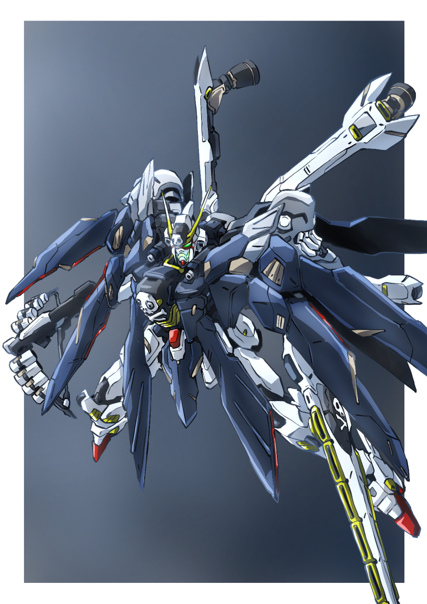 crossbone_gundam crossbone_gundam_x-1 crossbone_gundam_x-1_full_cloth green_eyes gun gundam highres holding holding_bowgun holding_gun holding_weapon mecha mecha_focus mobile_suit no_humans pirate robot science_fiction skull_and_crossbones solo sword taiga_hiroyuki v-fin weapon