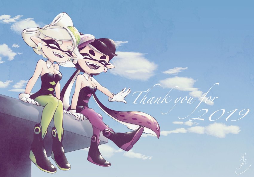 2020 2girls ankle_boots artist_name black_dress black_footwear black_hair black_jumpsuit blue_sky boots breasts callie_(splatoon) callie_(squid_sisters_outfit)_(splatoon) cleavage cloud cloudy_sky collar commentary cousins day detached_collar dress earrings english_text facing_viewer fangs food food_on_head gloves gradient_hair green_legwear grey_hair highres inkling jewelry jumpsuit long_hair marie_(splatoon) marie_(squid_sisters_outfit)_(splatoon) medium_hair mole mole_under_eye multicolored_hair multiple_girls nintendo object_on_head okome_2g2g open_mouth outdoors pantyhose pointy_ears purple_hair purple_legwear short_dress short_hair short_jumpsuit side-by-side signature sitting sky smile splatoon_(series) splatoon_1 strapless strapless_dress sushi swept_bangs tentacle_hair thank_you very_long_hair white_collar white_gloves wing_collar
