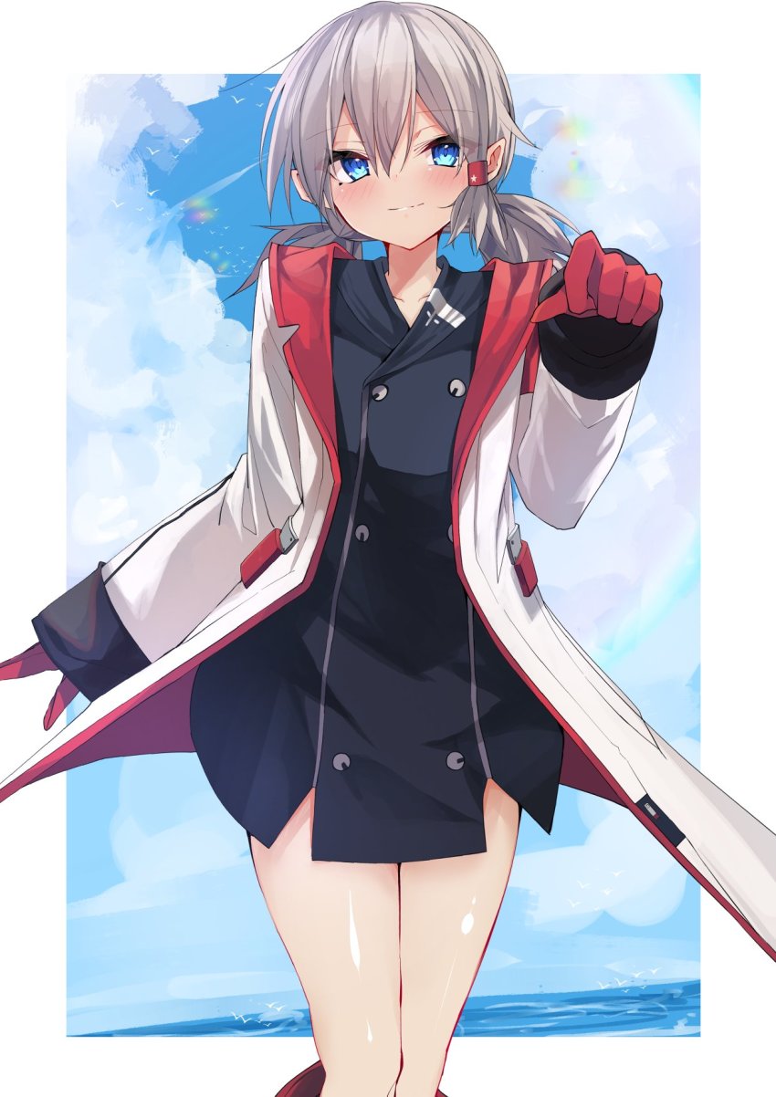 1girl azur_lane black_dress blue_eyes boots border buttons cloud coat collarbone denver_(azur_lane) double-breasted dress feet_out_of_frame gloves grey_hair hair_between_eyes hand_up highres kamiya_mitobe knee_boots long_sleeves open_clothes open_coat outside_border red_gloves short_hair short_twintails solo twintails white_border white_coat