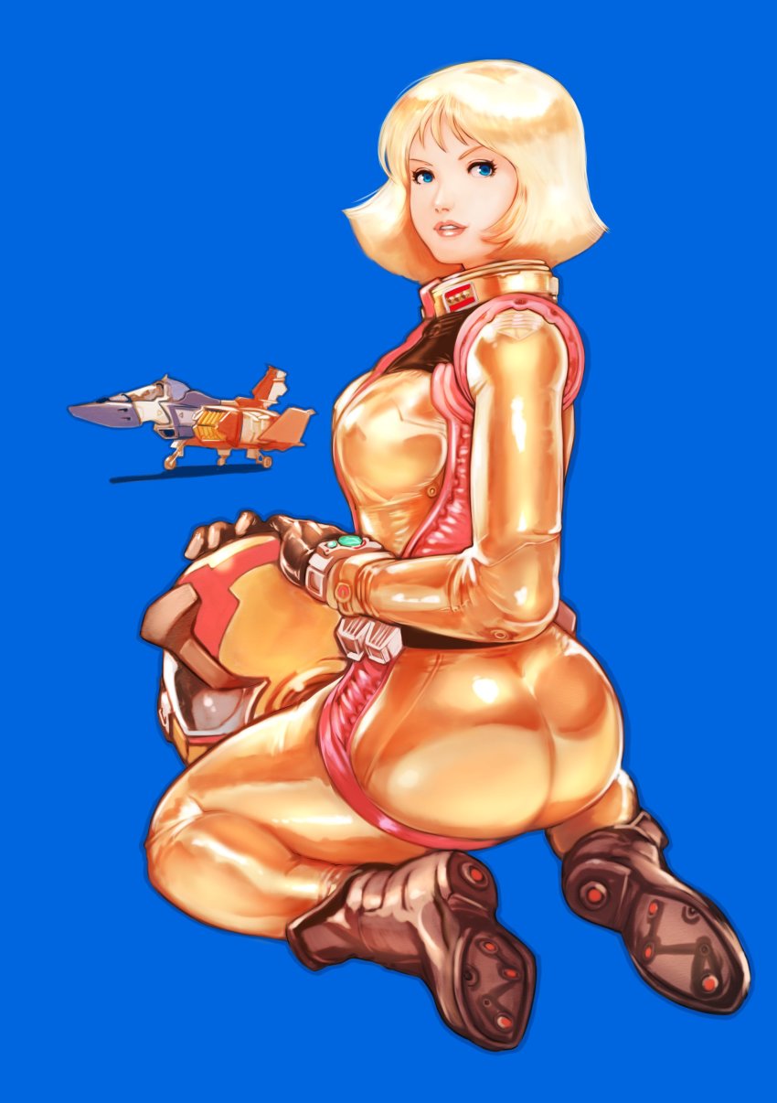 1girl absurdres ass blonde_hair blue_background blue_eyes boots breasts brown_footwear core_fighter gloves gundam helmet highres holding holding_helmet looking_back medium_breasts mobile_suit_gundam parted_lips pilot_suit rx-78-2_gundam sayla_mass science_fiction sitting solo_focus twisted_torso v-shaped_eyebrows vigwer wariza
