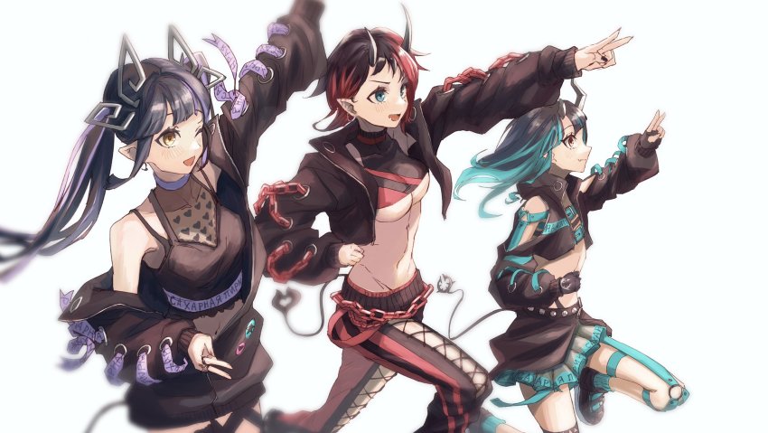 3girls arm_up asymmetrical_gloves belt belt_bra black_footwear black_gloves black_hair black_jacket black_pants black_ribbon black_shirt black_skirt black_sports_bra blouse blue_belt blue_eyes blue_hair blue_legwear blunt_bangs blush breasts chain chest_belt cleavage clothing_cutout commentary_request crop_top cropped_jacket cross-laced_clothes cross-laced_pants cross-laced_sleeves demon_girl demon_horns demon_tail ear_chain ear_piercing fang feet_out_of_frame flat_chest garter_straps gin_(tttetu123) gloves grey_skirt heart heart_print highleg highleg_panties highres horns jacket jewelry kojo_anna kojo_anna_(1st_costume) large_breasts layered_skirt leg_ribbon linked_piercing long_hair long_sleeves looking_afar medium_breasts midriff multicolored_hair multiple_girls nanashi_inc. navel off_shoulder open_clothes open_jacket open_mouth panties pants partially_fingerless_gloves piercing pointy_ears print_shirt purple_hair red_eyes red_hair red_pants red_sports_bra ribbon ring russian_text ryugasaki_rene see-through_cleavage see-through_clothes see-through_shirt shirt shishio_chris shoes short_hair shoulder_cutout simple_background skin_fang skirt sleeveless sleeveless_shirt smile sneakers socks sports_bra sugar_lyric tail thigh_strap twintails two-tone_hair two-tone_pants underboob underwear virtual_youtuber white_background yellow_eyes zipper zipper_skirt