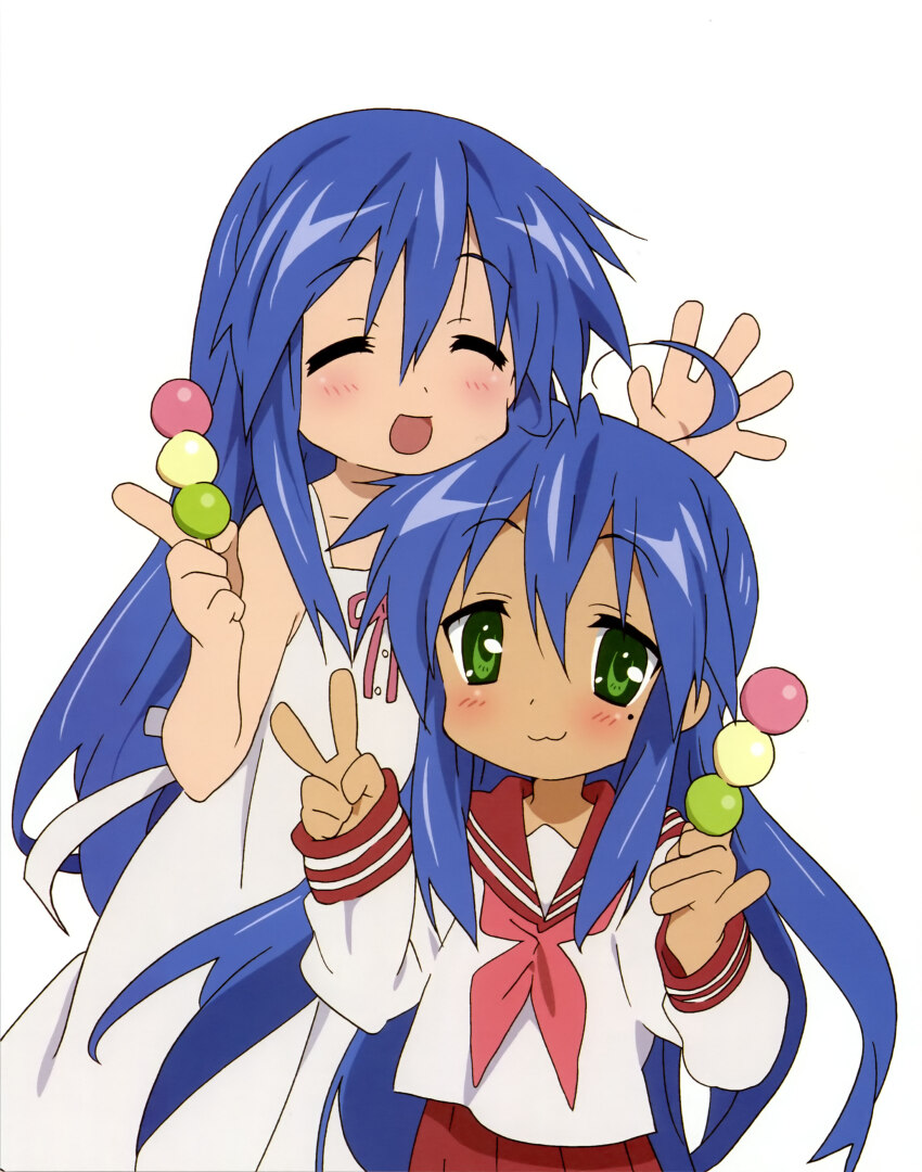 2girls :3 absurdres ahoge bare_arms behind_another blue_hair chin_rest closed_eyes cowboy_shot dango double-parted_bangs dress family food green_eyes hair_between_eyes hands_up happy head_on_head head_rest height_difference highres izumi_kanata izumi_konata light_blush long_hair long_sleeves lucky_star mole mole_under_eye mother_and_daughter multiple_girls neckerchief official_art open_mouth red_neckerchief red_skirt red_trim sanshoku_dango scan school_uniform serafuku shirt simple_background skirt smile standing strap tareme third-party_source v wagashi white_background white_dress white_shirt yoshimizu_kagami