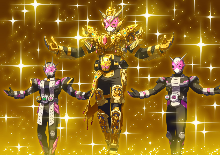 2018 2019 3boys absurdres alternate_costume apocalypse arm_up armor asymmetrical_armor aura back-to-back belt black_armor black_bodysuit black_footwear black_gloves blue_eyes blue_gemstone blue_sky bodysuit boots build_rider_watch clenched_hand clock clock_hands commentary commentary_request compound_eyes cowboy_shot dated diamond_(shape) rider_belt full_body gem gloves glowing glowing_eyes gold_armor gold_trim grand_zi-o_rider_watch green_gemstone helmet highres horns houou_kaguya_quartz imminent_fight indoors jewelry kamen_rider kamen_rider_555 kamen_rider_agito kamen_rider_agito_(series) kamen_rider_blade kamen_rider_blade_(series) kamen_rider_build kamen_rider_build_(series) kamen_rider_dcd kamen_rider_decade kamen_rider_den-o kamen_rider_den-o_(series) kamen_rider_double kamen_rider_drive kamen_rider_drive_(series) kamen_rider_ex-aid kamen_rider_ex-aid_(series) kamen_rider_faiz kamen_rider_fourze kamen_rider_fourze_(series) kamen_rider_gaim kamen_rider_gaim_(series) kamen_rider_ghost kamen_rider_ghost_(series) kamen_rider_gorgeous_grand_zi-o kamen_rider_gotchard_(series) kamen_rider_grand_zi-o kamen_rider_hibiki kamen_rider_hibiki_(series) kamen_rider_kabuto kamen_rider_kabuto_(series) kamen_rider_kiva kamen_rider_kiva_(series) kamen_rider_kuuga kamen_rider_kuuga_(series) kamen_rider_legend kamen_rider_legendary_legend kamen_rider_ooo kamen_rider_ooo_(series) kamen_rider_ryuki kamen_rider_ryuki_(series) kamen_rider_w kamen_rider_wizard kamen_rider_wizard_(series) kamen_rider_zi-o kamen_rider_zi-o_(series) kamen_rider_zi-o_ii kamen_rider_zi-o_the_movie:over_quartzer kuuga_riderwatch legendriver loincloth long_coat male_focus metal multiple_boys multiple_horns official_alternate_costume open_hand open_hands otokamu ouma_zi-o ouma_zi-o_rider_watch outstretched_arms pink_eyes pink_gloves powering_up profile red_eyes red_gemstone rider_belt rider_watch shoes shoulder_armor single_horn sky solo sparkle spotlight spread_arms standing summoning throne tokusatsu trait_connection two-tone_background type_tridoron upper_body vest waistcoat zi-o_rider_watch ziku_driver