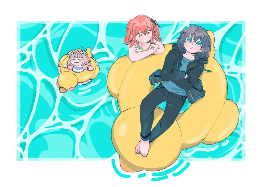 1girl 2boys black_jacket black_pants black_scrunchie blue_shirt border command_spell commentary crossed_arms drawstring duck_innertube english_commentary fate_(series) from_above frown fujimaru_ritsuka_(female) grey_hair hood hooded_jacket inflatable_armbands innertube jacket lying multiple_boys oberon_(fate) oberon_(moody_summer_oberon)_(fate) oberon_(third_ascension)_(fate) on_back one_side_up oneroom-disco orange_eyes pants red_hair scrunchie shirt short_hair striped_male_swimwear summer sunglasses swim_ring white-framed_eyewear white_border yellow_innertube