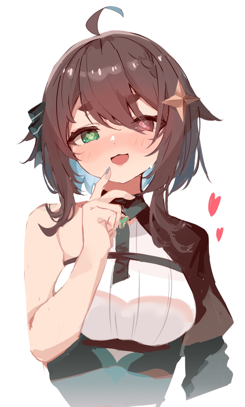 1girl absurdres ahoge black_capelet blue_hair blush braid brown_eyes brown_hair capelet chest_belt colored_inner_hair cropped_torso dress green_dress green_eyes green_necktie green_ribbon hair_flaps hair_ornament hair_ribbon half_capelet heart heart-shaped_pupils heterochromia highres indie_virtual_youtuber looking_at_viewer meica_(vtuber) meica_(vtuber)_(1st_costume) multicolored_hair necktie nose_blush ribbon shirt simple_background single-shoulder_shirt single_bare_shoulder single_braid sketch solo sprout_pendant star_(symbol) star_hair_ornament symbol-shaped_pupils tamago_nezumi thick_eyebrows virtual_youtuber white_background white_shirt wing_collar