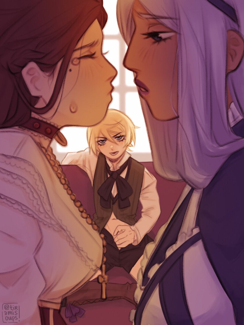 1boy 2girls alois_trancy blush brown_hair commentary crying dark-skinned_female dark_skin english_commentary eyelashes hannah_annafellow highres imminent_kiss kuroshitsuji lips male_focus masturbation mole mole_under_eye multiple_girls tears tiramisoups