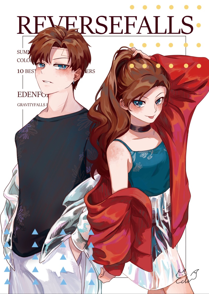 1boy 1girl :p absurdres alternate_hairstyle artist_name bare_shoulders black_shirt black_shorts blue_eyes blush brother_and_sister brown_hair camisole cardigan casual choker constellation copyright_name cowboy_shot dipper_gleeful dipper_pines eden_(eden871225) facial_mark forehead_mark gravity_falls hair_up hand_on_own_head hand_up hands_in_pockets highres jacket long_hair long_sleeves looking_at_viewer mabel_gleeful mabel_pines outside_border pants ponytail reverse_falls_(gravity_falls) see-through_clothes shirt short_hair shorts siblings signature skirt smile spaghetti_strap t-shirt tongue tongue_out twins white_background white_pants white_skirt