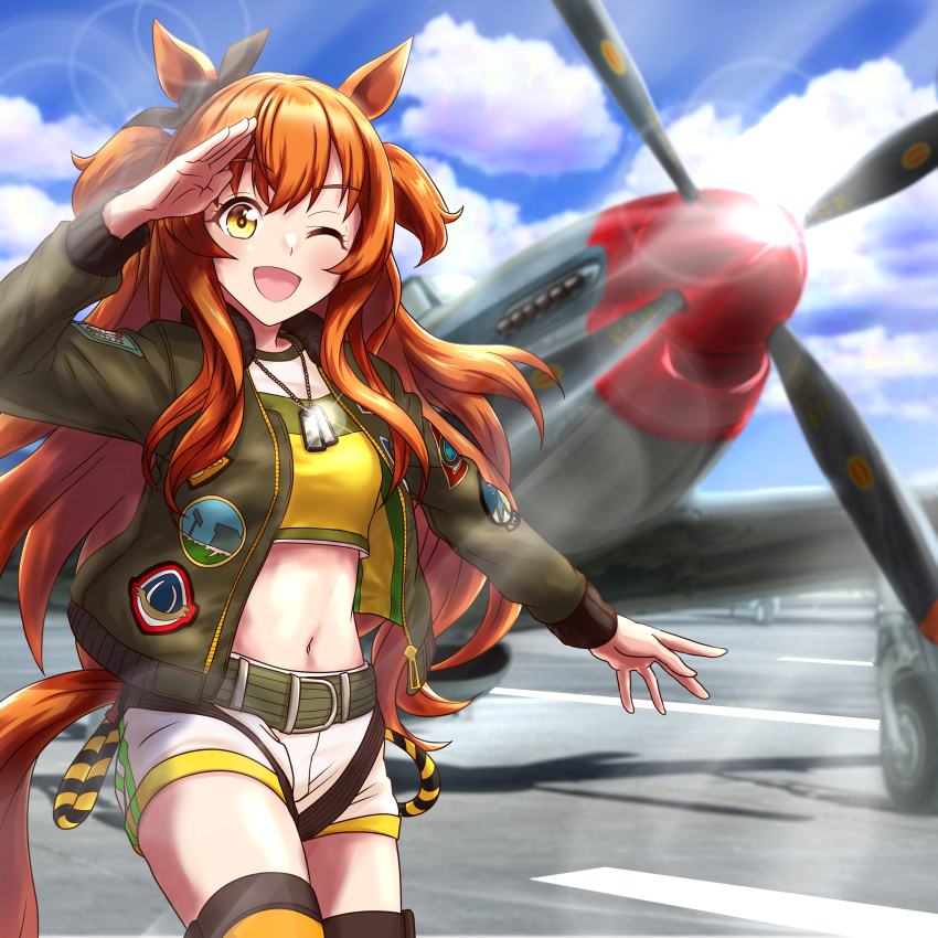 1girl absurdres aircraft airfield airplane animal_ears bomber_jacket bow brown_jacket canopy_(aircraft) cheesecake_(artist) commentary crop_top diffraction_spikes dog_tags ear_bow hair_between_eyes highres horse_ears horse_girl horse_tail jacket lens_flare long_hair long_sleeves looking_at_viewer mayano_top_gun_(umamusume) midriff military_vehicle navel one_eye_closed open_clothes open_jacket open_mouth orange_eyes orange_hair p-51_mustang propeller propeller_fighter pun salute short_shorts shorts sidelocks solo tail tank_top two_side_up umamusume white_shorts yellow_tank_top