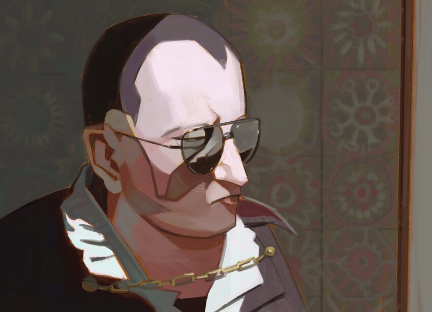 1boy cape commentary dracula dracula_flow_(meme) english_commentary floral_print_wall highres looking_at_viewer male_focus mature_male meme old old_man photo-referenced real_life short_hair sunglasses tinted_eyewear vampire vampire_costume wallpaper_(object) xyanaid