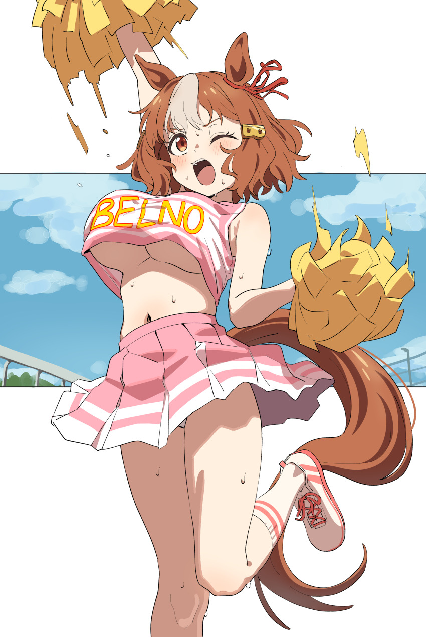 1girl absurdres animal_ears belno_light_(umamusume) blush bouncing_breasts breasts brown_hair cheerleader commentary_request highres horse_ears horse_girl horse_tail huge_breasts midriff navel no_bra one_eye_closed open_mouth panties pom_pom_(cheerleading) revision sincos skirt solo sweat tail umamusume umamusume:_cinderella_gray underboob underwear