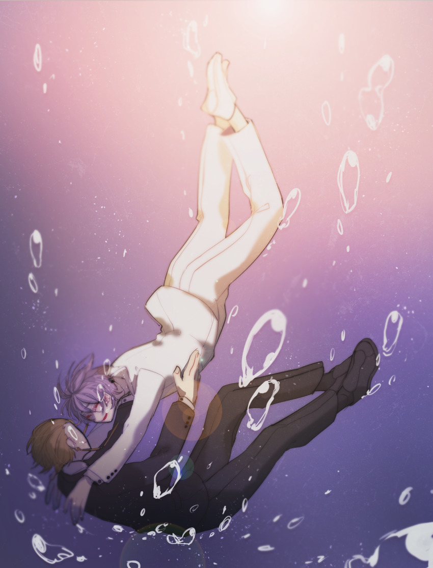 2boys absurdres alternate_costume black_jacket black_pants black_shoes blonde_hair bubble commentary_request earrings highres jacket jewelry long_sleeves male_focus multiple_boys open_mouth pants purple_hair red_eyes rumeld_othmayer saibou_shinkyoku shoes short_hair sinking smile theodore_riddle white_jacket white_pants white_shoes yokuhaku