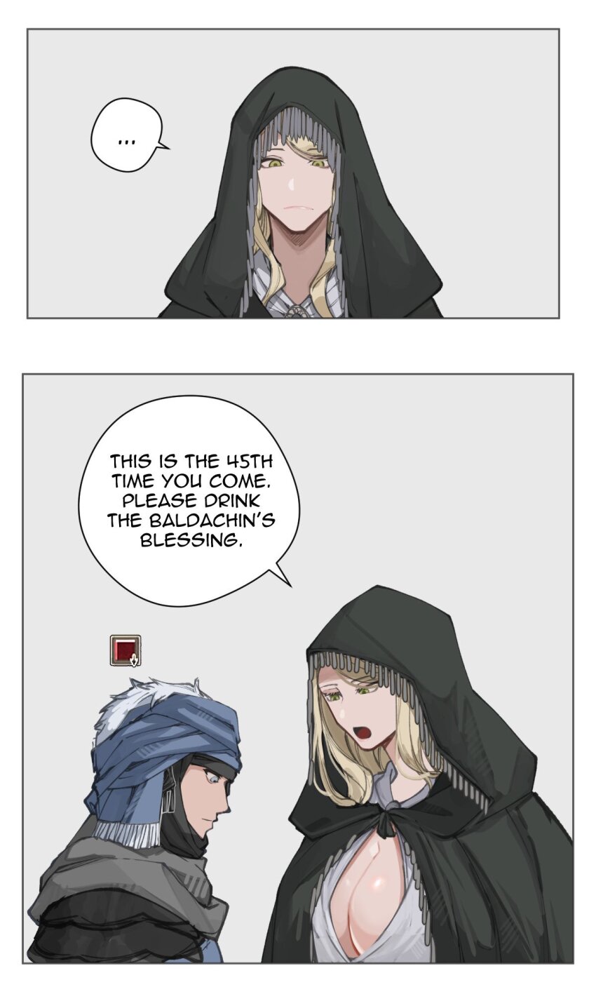 ... 1girl 1other ambiguous_gender black_cape blonde_hair blue_eyes breasts cape cleavage cloak closed_mouth comic commentary dress elden_ring english_commentary english_text fia_the_deathbed_companion gameplay_mechanics highres hood hood_up hooded_cape kyou_(iuciferic) large_breasts long_hair speech_bubble tarnished_(elden_ring) turban warrior_(elden_ring) white_dress yellow_eyes