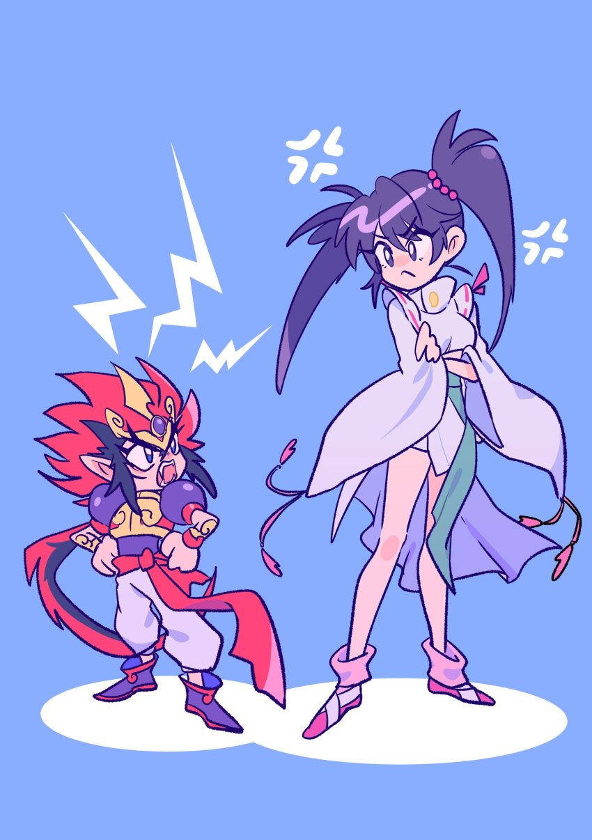 1boy 1girl absurdres bare_legs chibi clenched_hands demon demon_boy disgust dress enno_chiaki fangs highres japanese_clothes kishin_douji_zenki laura19960605 long_hair looking_at_another looking_at_viewer miko nontraditional_miko pointy_ears purple_hair red_hair short_dress spiked_hair standing twintails zenki
