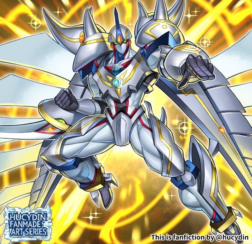1boy armor artist_name duel_monster elemental_hero_neos elemental_hero_shining_neos_wingman full_body gauntlets green_eyes highres hucydin looking_at_viewer male_focus muscular muscular_male no_mouth salute shoulder_pads solo sparkle two-finger_salute watermark wings yellow_background yu-gi-oh!