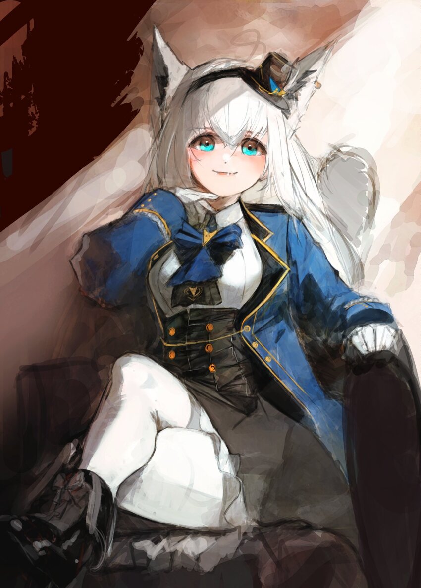 1girl animal_ears aqua_eyes armrest ascot black_boots black_corset black_hairband blue_ascot blue_bow blue_bowtie blue_jacket boots bow bowtie closed_mouth collared_shirt corset couch double-parted_bangs fox_ears frilled_skirt frills gloves grey_skirt hair_between_eyes hairband hand_up hat highres hololive jacket lolita_fashion long_hair long_sleeves looking_at_viewer mini_hat mini_top_hat official_alternate_costume official_alternate_hairstyle ojou-sama_pose on_couch pantyhose retrocreature shirakami_fubuki shirakami_fubuki_(parade_dress) shirt skirt sleeve_cuffs solo top_hat underbust very_long_hair victorian virtual_youtuber white_gloves white_hair white_pantyhose white_shirt