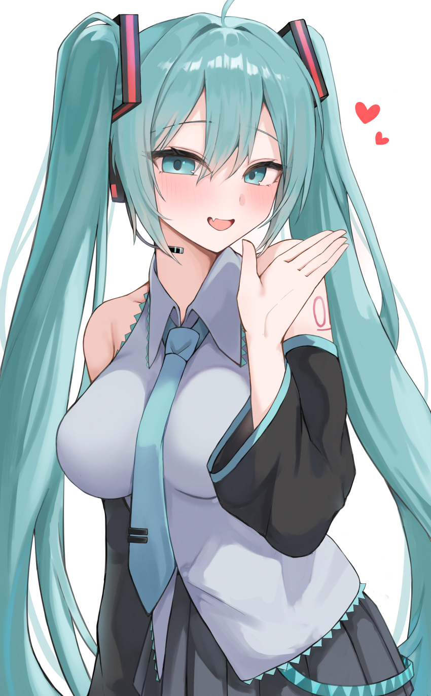 1girl absurdres ahoge aqua_eyes aqua_hair aqua_necktie arm_behind_back bare_shoulders black_skirt blush breasts collarbone detached_sleeves grey_shirt hair_between_eyes hair_ornament hatsune_miku headphones heart highres large_breasts long_hair long_sleeves looking_at_viewer necktie onemuikun-b open_mouth shirt simple_background skirt sleeveless sleeveless_shirt smile solo twintails very_long_hair vocaloid white_background wide_sleeves