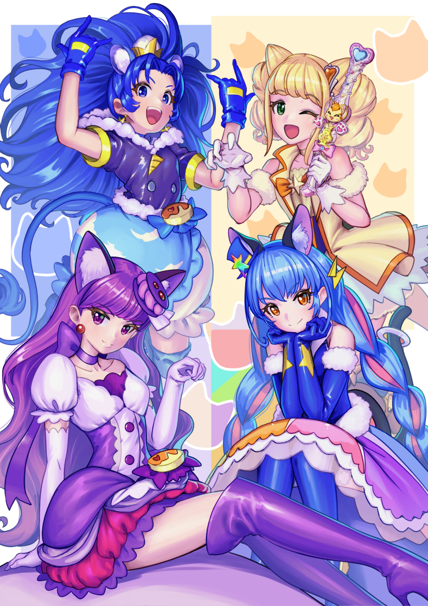 4girls :d ;d animal_ears arm_strap blonde_hair blue_eyes blue_gloves blue_hair blue_headwear blue_pantyhose blue_skirt boots cat_ears cat_tail choker closed_mouth crown cure_cosmo cure_gelato cure_macaron cure_sparkle elbow_gloves fake_animal_ears fur-trimmed_gloves fur_trim gloves gold_crown green_eyes hat healin&#039;_good_precure high_heel_boots high_heels highres kirakira_precure_a_la_mode layered_skirt lion_ears looking_at_viewer mini_hat miniskirt multicolored_hair multicolored_skirt multiple_girls nyatoran_(precure) one_eye_closed open_mouth pantyhose paw_pose pink_hair precure purple_choker purple_eyes purple_footwear purple_hair purple_skirt red_skirt short_sleeves shrimp1634 sitting skirt smile star_twinkle_precure tail thigh_boots white_gloves white_skirt yellow_choker yellow_eyes