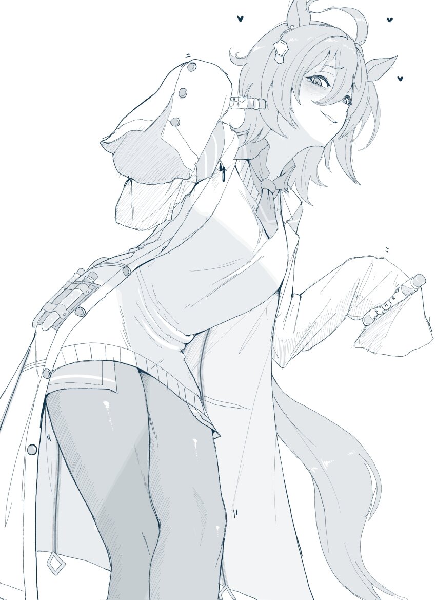 1girl absurdres agnes_tachyon_(umamusume) ahoge animal_ears blush coat commentary crossed_legs double-parted_bangs english_commentary hair_ornament highres holding holding_test_tube horse_ears looking_at_viewer monochrome necktie open_clothes open_coat pantyhose sally_(luna-arts) short_necktie sleeves_past_fingers sleeves_past_wrists solo sweater test_tube umamusume