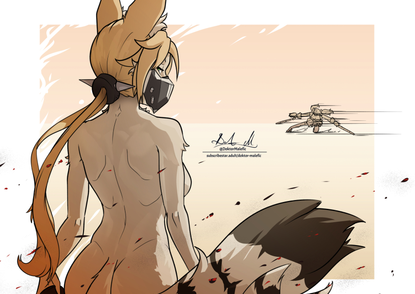 2girls animal_ears arms_at_sides back blonde_hair body_fur breasts burnice_white cheetah_girl clothed_female_nude_female doktor_malefic flamethrower floating_hair from_behind furry furry_female highres holding holding_flamethrower holding_weapon jacket long_hair looking_at_viewer low_ponytail mask motion_lines mouth_mask multiple_girls nude open_clothes open_jacket ponytail pulchra_fellini sideways_glance skirt sliding spikes strapless tail tube_top twintails very_long_hair weapon yellow_fur zenless_zone_zero